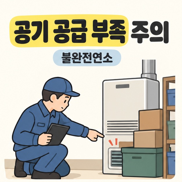 공기 공급 부족 주의와 불완전연소 문구 아래 점검 전문가가 상자와 물건에 가려진 난방기 주변 환기구를 가리키는 장면