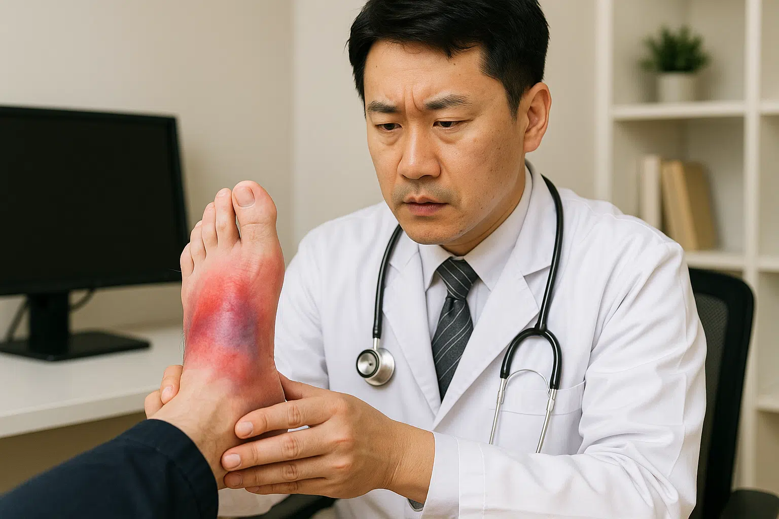 심하게 붓고 붉거나 푸르게 변한 발등을 진료실에서 의사가 살펴보는 장면