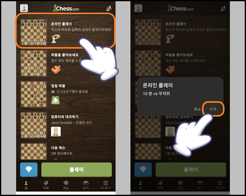 '온라인 플레이' 선택 후 '시작' 누르기