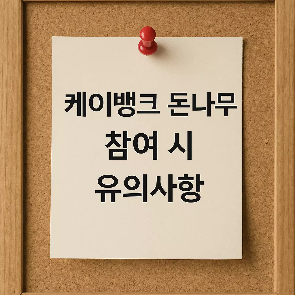 케이뱅크 돈나무 참여 시 주의사항 - 복수 계정 금지, 유효기간, 이벤트 변동성 등을 알리는 알림형 이미지