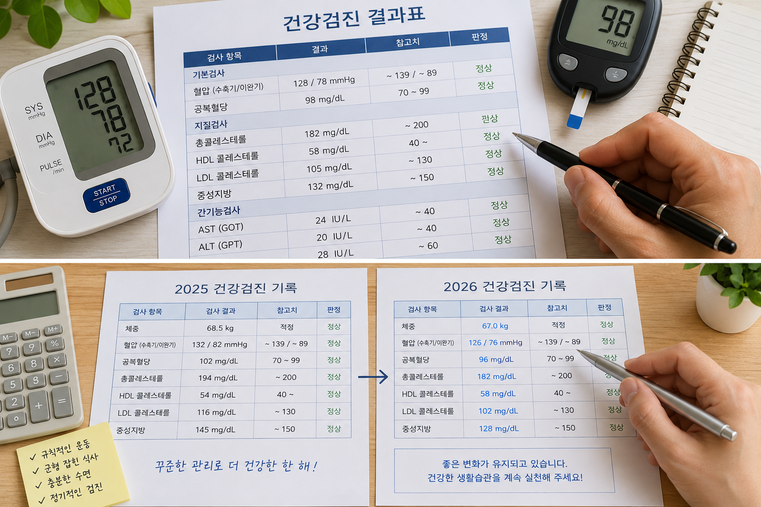 건강검진 결과표의 혈압과 공복혈당 확인