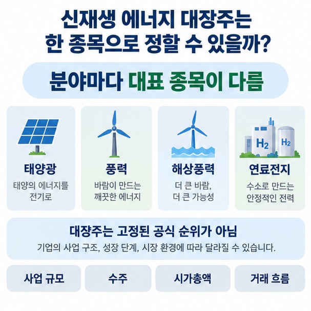 태양광 풍력 해상풍력 연료전지를 네 가지 분야로 나누어 대장주 기준이 분야마다 다름을 보여주는 도식