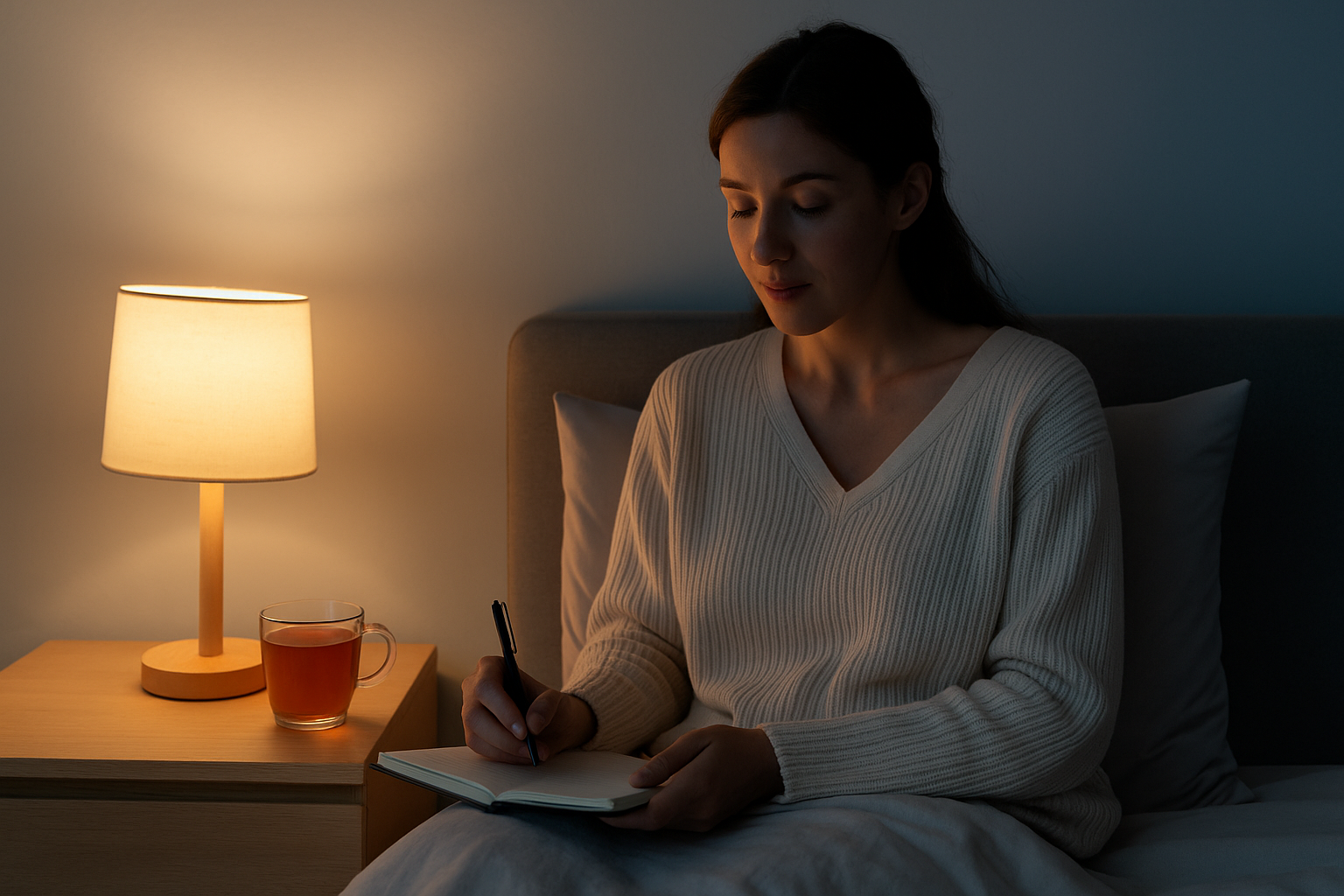 저녁 무드등이 켜진 침실에서 젊은 여성이 침대에 앉아 노트에 일기를 쓰고 있으면 옆 탁자에는 따뜻한 허브차와 조명이 빛나고 있는 모습. 하루를 정리하는 저녁 루틴의 평온한 장면