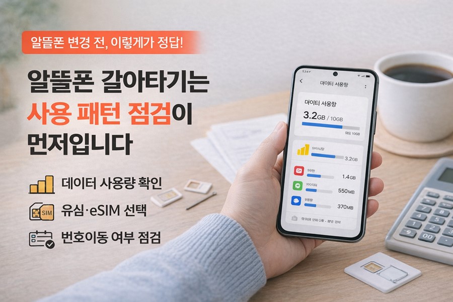 알뜰폰 갈아타기 전에 데이터 사용량, 통화량, 번호이동 여부, 유심과 eSIM 선택을 먼저 점검하는 과정을 보여주는 체크리스트형 이미지입니다.