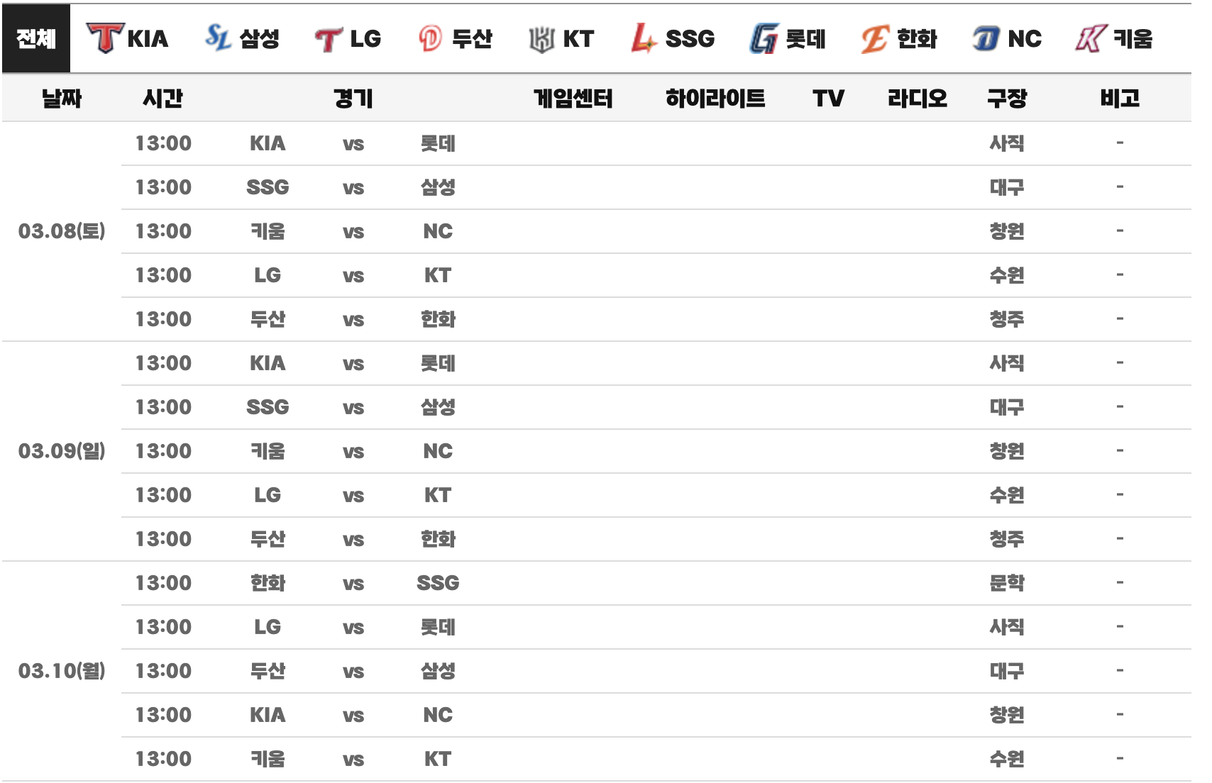 2025년 시범경기 일정