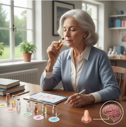 시니어가 꽃 향기를 맡으며 후각 신경을 자극하는 모습