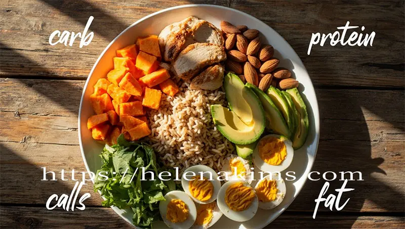 하얀 세라믹 접시에 삶은 달걀, 아보카도, 견과류, 단백질, 싱싱한 채소와 귀리밥이 있는 이미지.