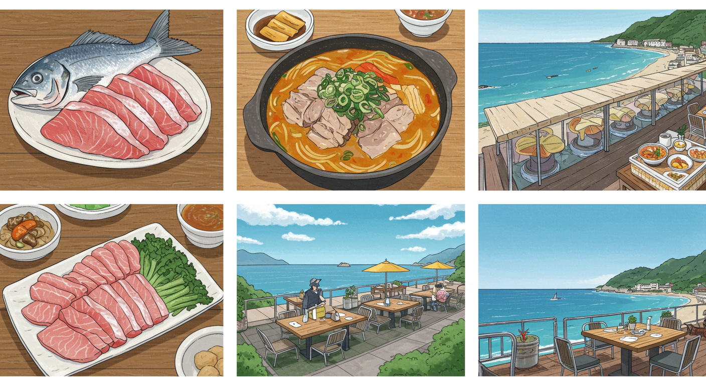 부산의 회, 돼지국밥, 브런치를 담은 맛집 일러스트