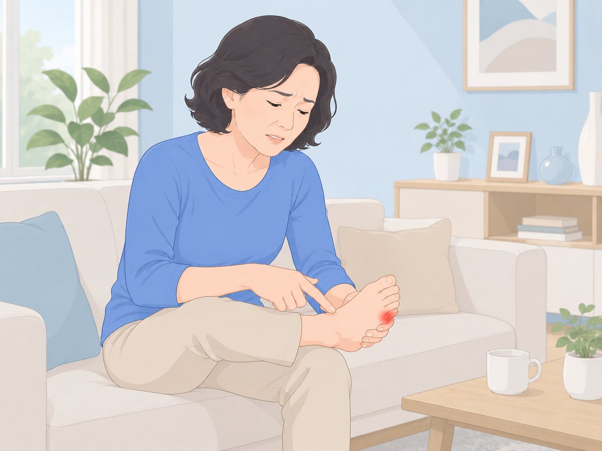 소파에 앉아 한쪽 발을 무릎 위에 올리고 새끼발가락 쪽 발 바깥의 붉게 아픈 부위를 손가락으로 짚어 보는 여성