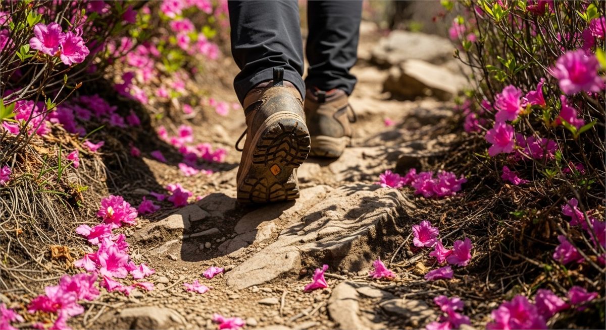 진달래가 핀 산길을 걷는 등산화 디테일 장면