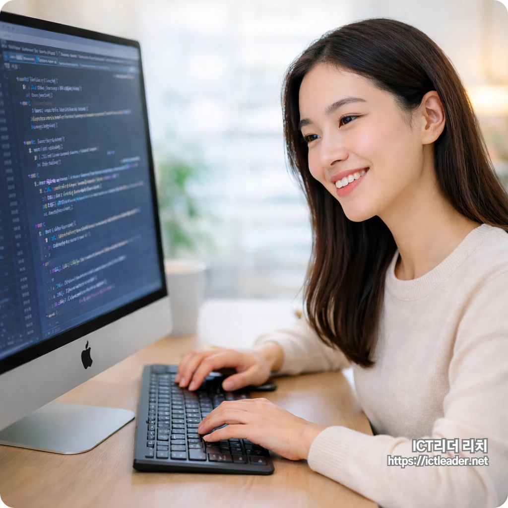 20대 한국 여성 개발자가 아이맥 앞에서 자연스럽게 코드 리뷰 작업을 수행하는 모습. 텍스트 없이 깔끔한 블로그 대표 이미지.