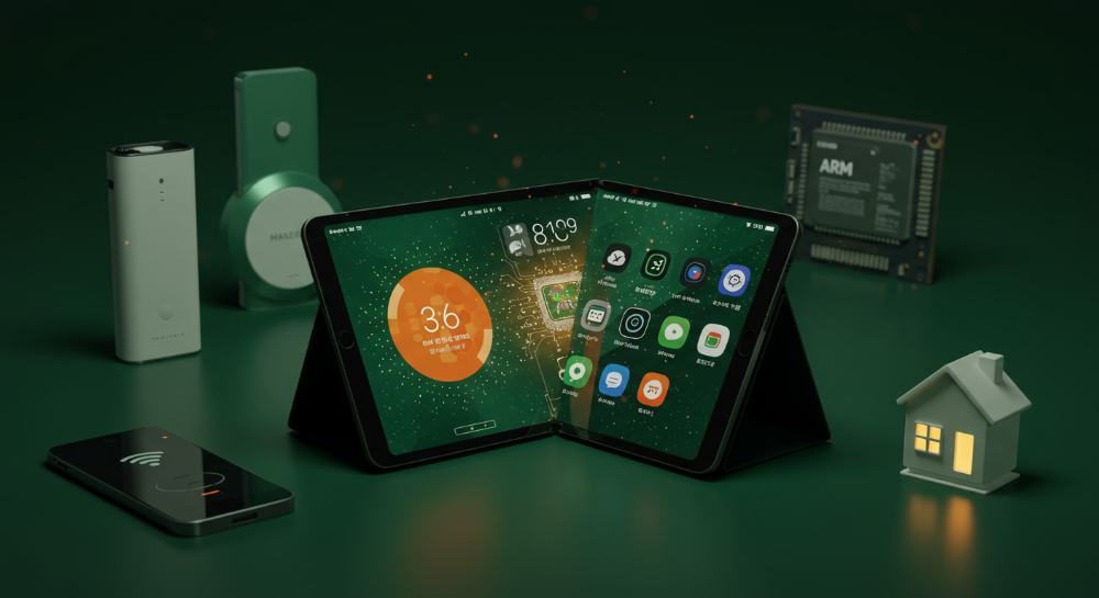 2025년 최신 AI, 폴더블, ARM 프로세서 기술이 집약된 혁신적인 태블릿PC의 모습. 미래지향적인 디자인과 스마트홈 연동 기능이 강조됨.