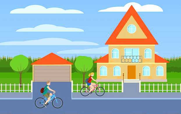 남자와 여자가 각자 자전거를 타고 도로를 달린다. 다리로 자전거 페달을 밟는다. 주변엔 2층집과 차고가 있다.