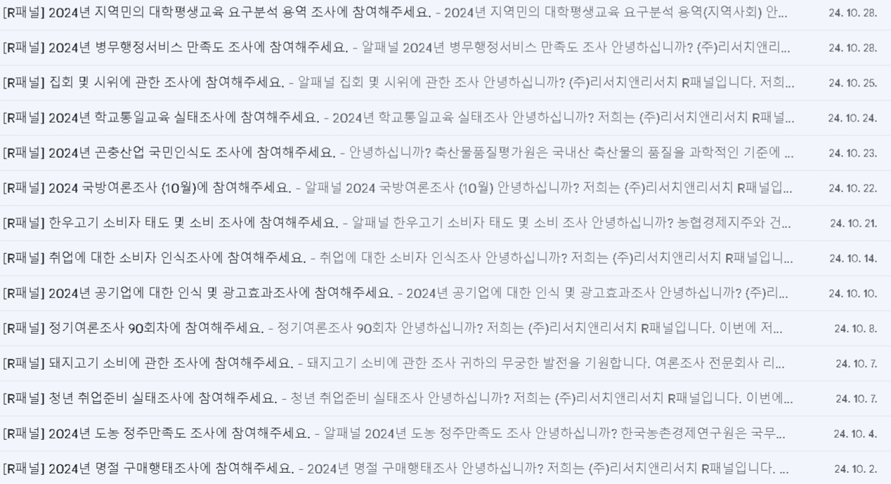 R패널 설문조사 이메일 알림 수량 예시