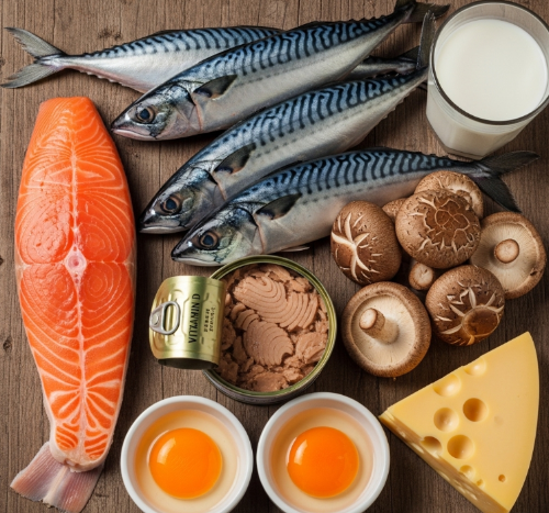 대표적인 식품으로는 연어, 고등어, 참치 등 기름진 생선과 표고버섯, 달걀노른자, 우유, 치즈