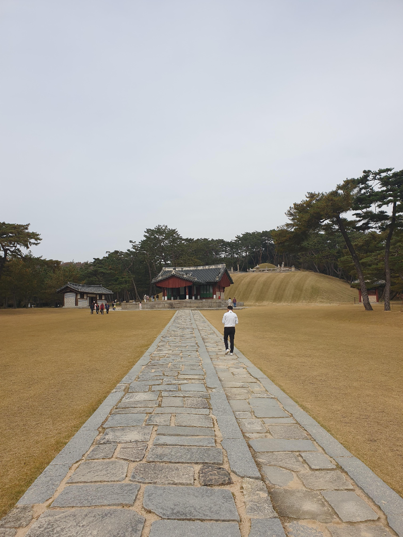 돌로된 길 끝에 한 건물(정자각)이 보이고 그 뒤 연덕에 능이 있다.