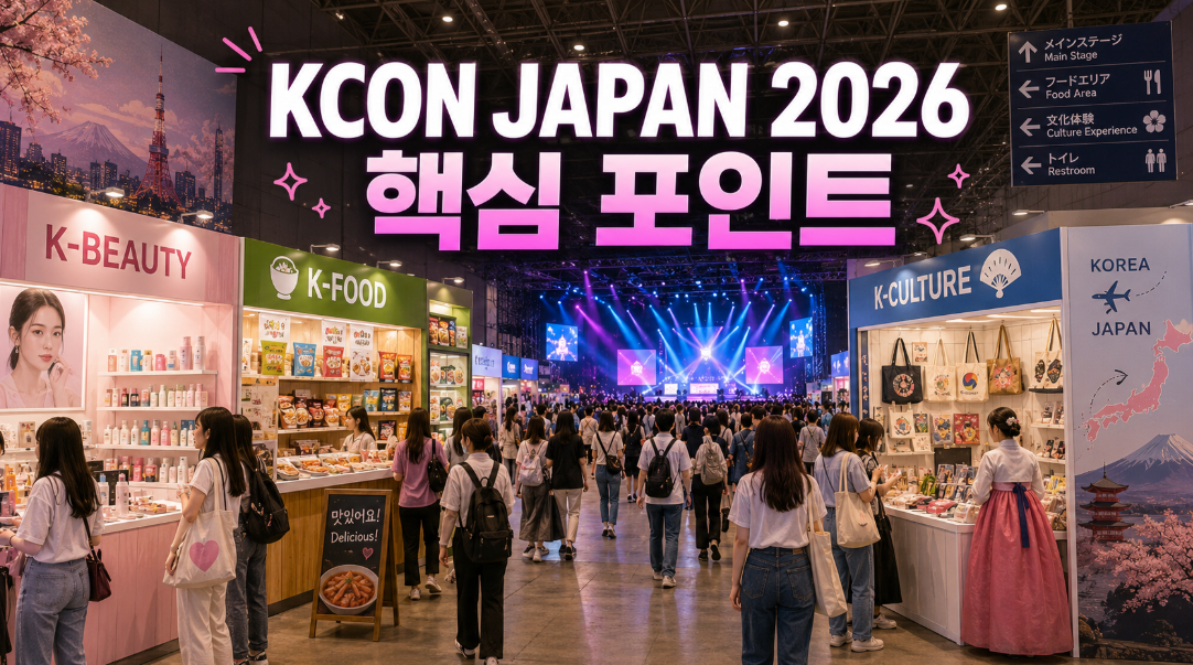 KCON JAPAN 2026의 K-팝 공연과 K-라이프스타일 체험 부스를 표현한 이미지