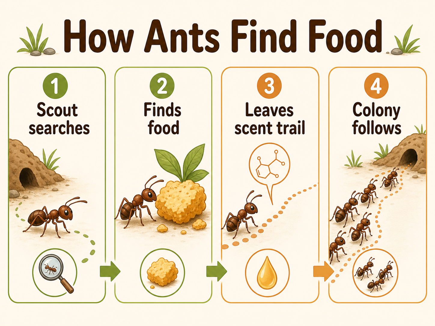 Infographic explaining how ants find food