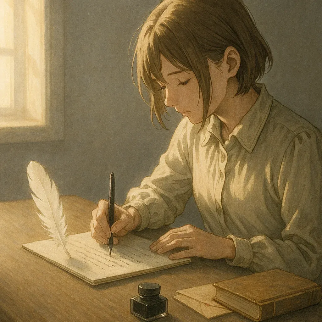 따뜻한 햇살 아래 일기 쓰는 소녀의 감성적인 글쓰기 장면.