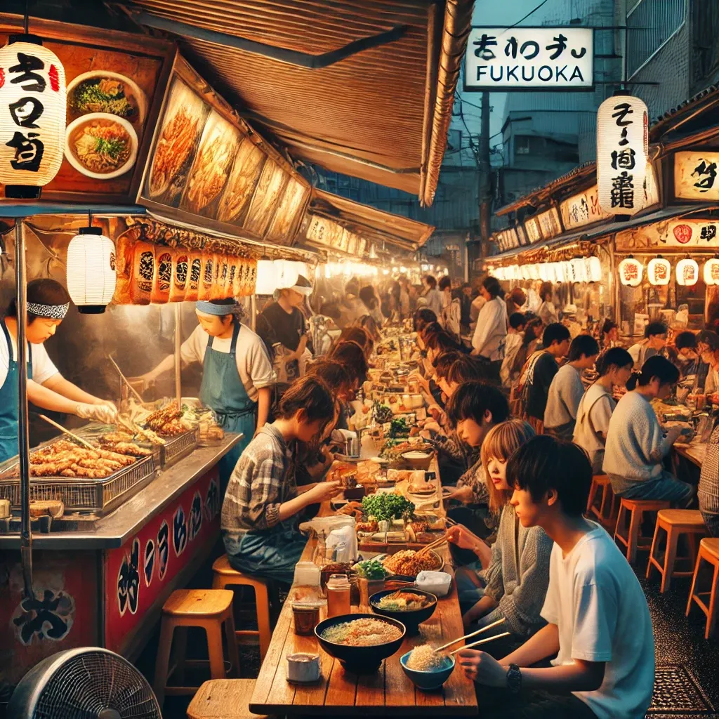 밤에 후쿠오카 야타이 노점의 활기찬 음식 장면