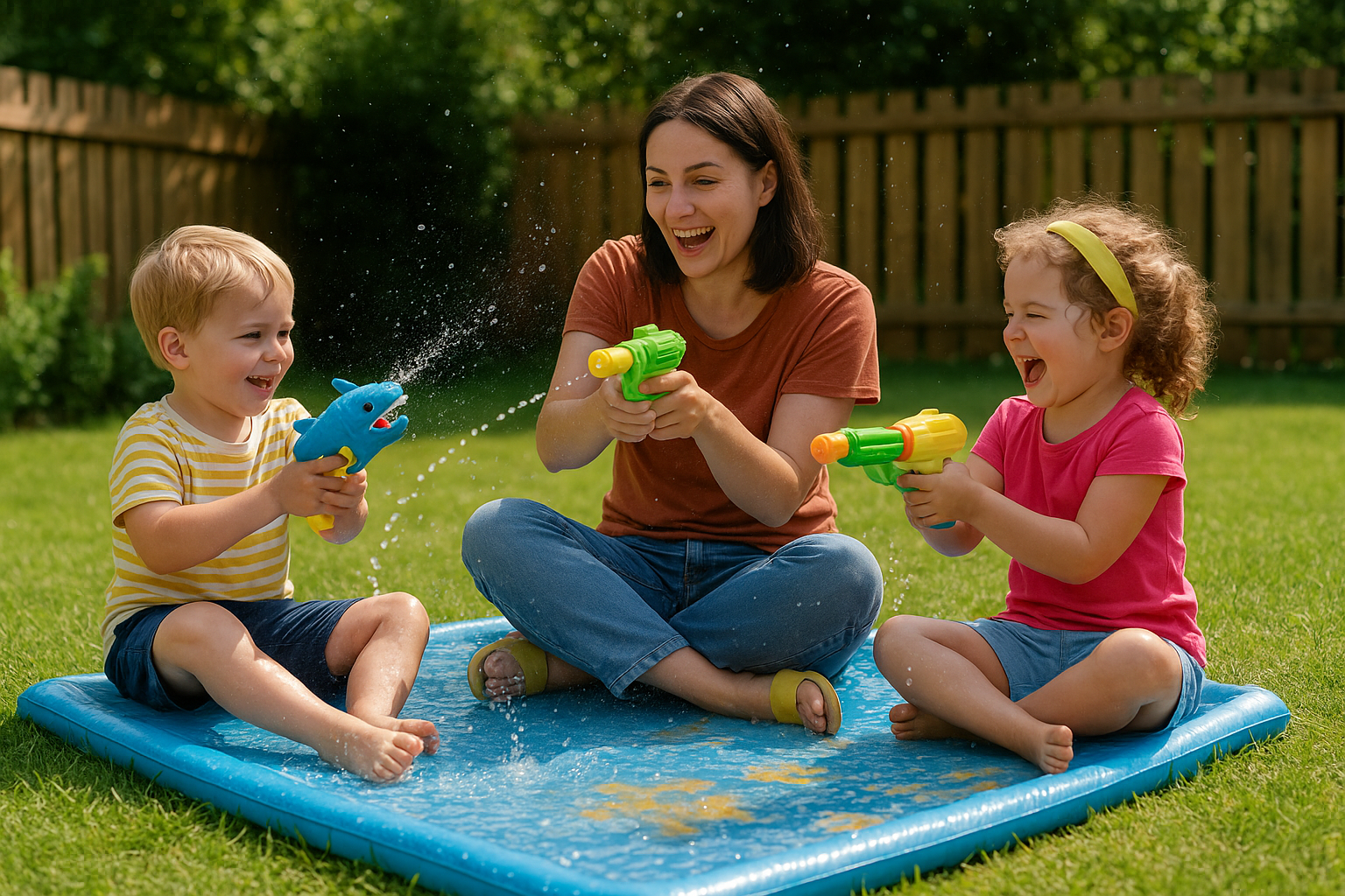 잔디 위 워터매트에서 아이들과 엄마가 물총놀이를 하며 시원하게 노는 여름 방학 물놀이