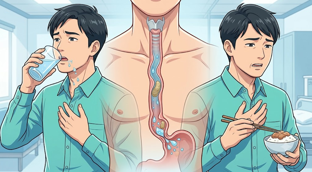 물과 고형식을 삼킬 때 모두 식도에서 걸리는 느낌을 받는 식도 운동기능 이상 메디컬 일러스트