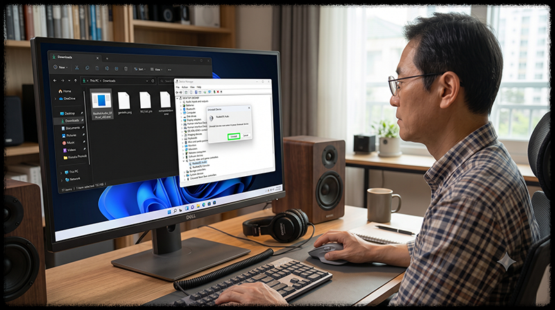 Windows 11 장치 관리자에서 기존 Realtek 오디오 드라이버를 제거하는 모습