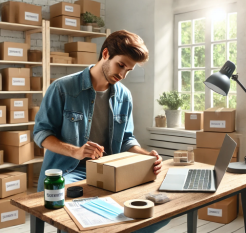 젊은남성이 택배 박스 포장하는 모습