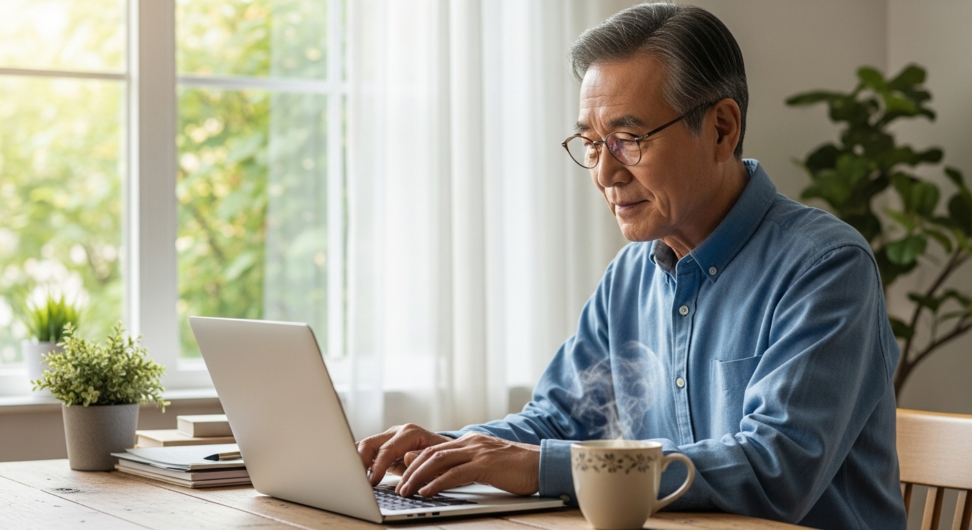 노트북 앞에서 블로그 글을 쓰는 시니어