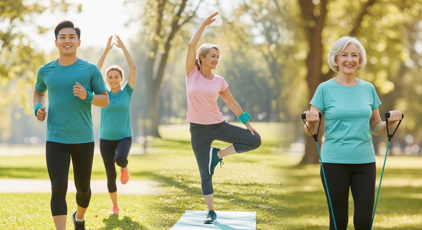 햇볕이 잘 드는 공원에서 나이대에 맞는 다양한 운동(조깅, 요가, 저항 밴드 운동)을 하는 사람들이 활기찬 모습.