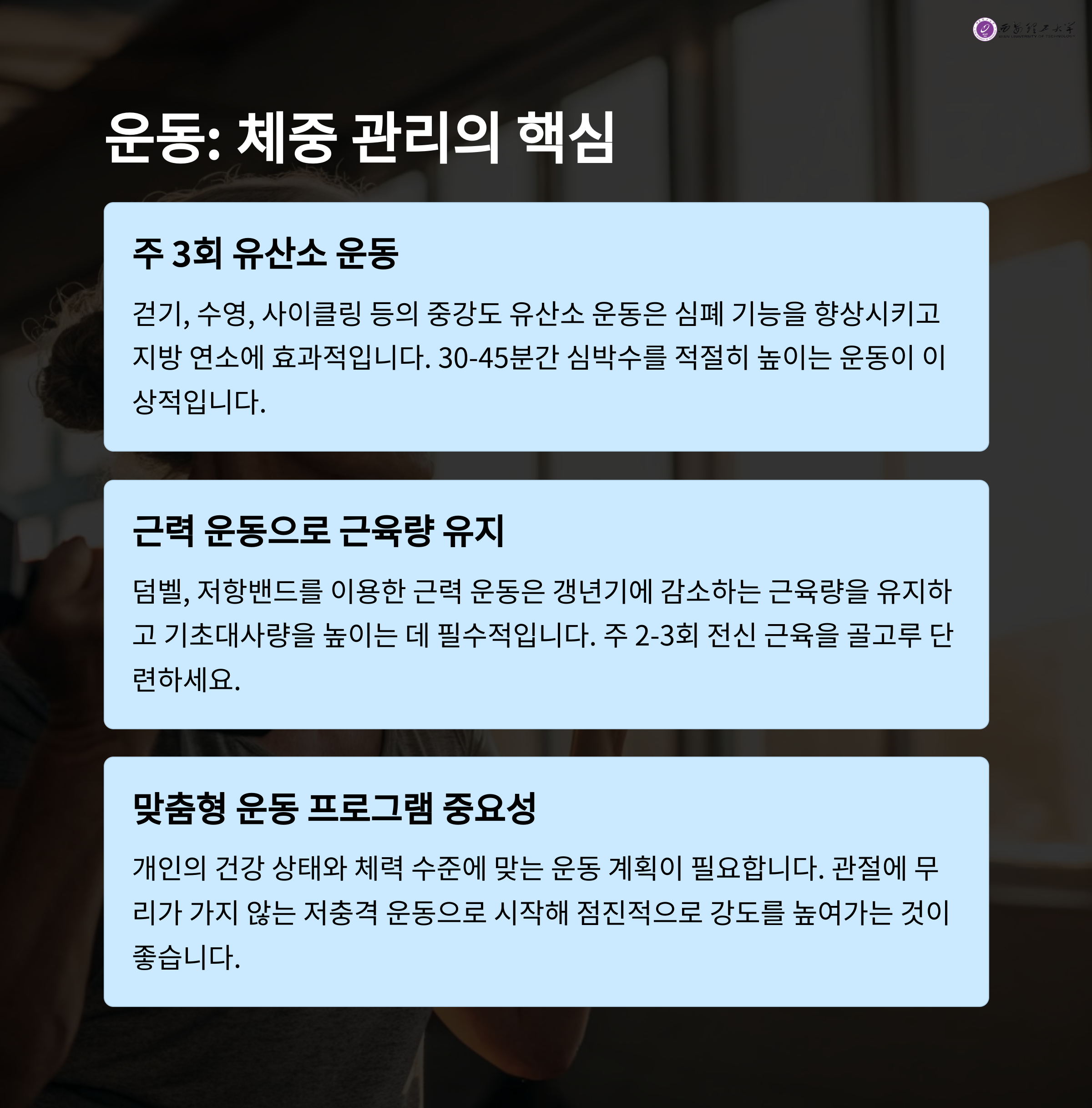 운동을 통한 체중 관리 전략을 소개하는 인포그래픽. 유산소 운동, 근력 운동, 맞춤형 프로그램의 중요성 강조