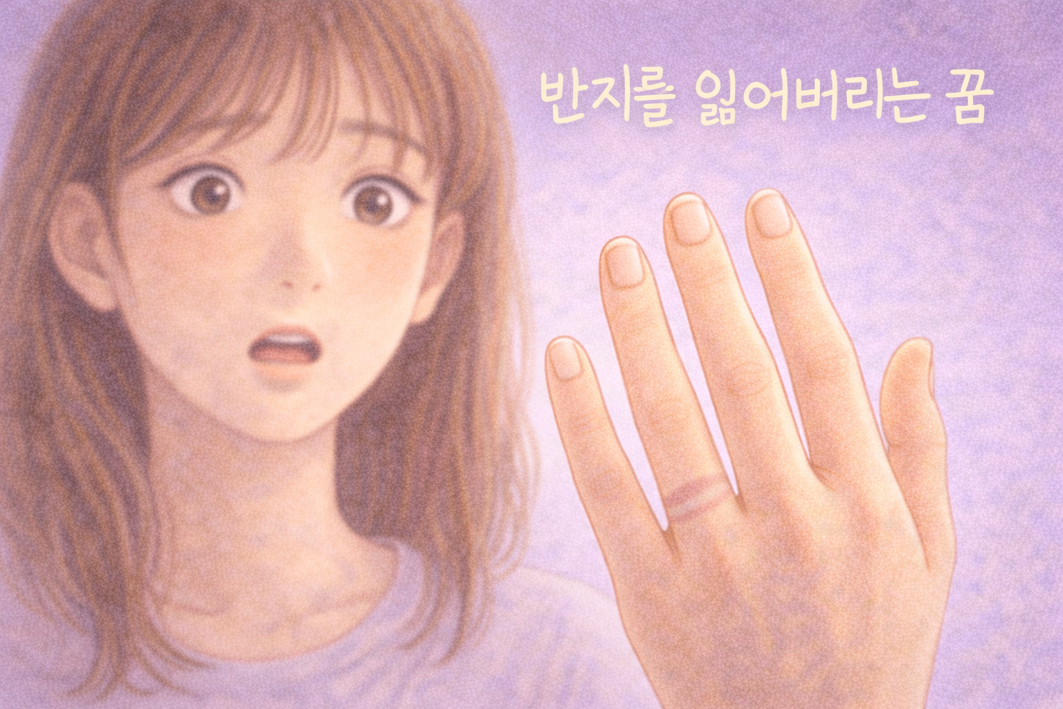 색연필 질감으로 빈 약지를 바라보며 놀란 표정을 짓는 여성 클로즈업