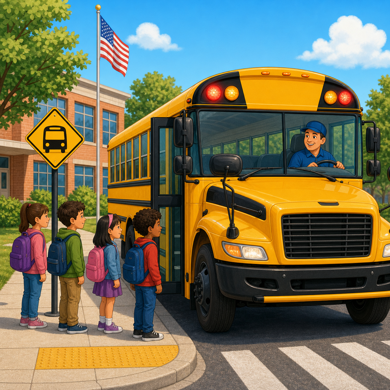 Educational illustration of a yellow school bus picking up students at a safe bus stop