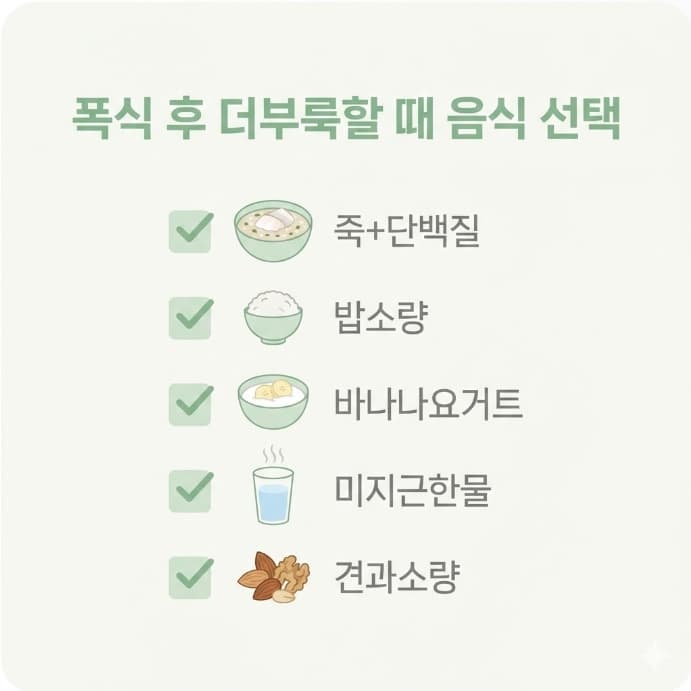폭식 후 더부룩할 때 음식 선택 체크리스트 인포그래픽