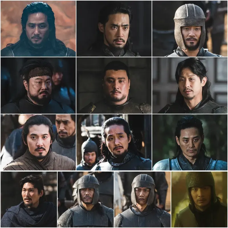 드라마 아라문의 검에서 갑옷을 입고 서 있는 무백&#44; 길선&#44; 연발&#44; 기토하&#44; 뭉태&#44; 박랑풍&#44; 소당&#44; 편미&#44; 두파&#44; 대사이&#44; 상갈&#44; 독사&#44; 조승이 등장하는 아스달 군