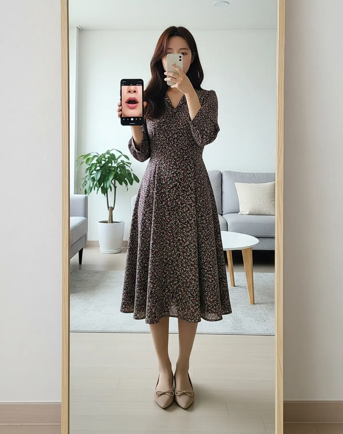 전신 거울 앞에서, 스마트폰으로 원어민 발음 영상을 보면서 자신의 입 모양을 비교, 교정하고 있는 똑똑한 한국 여성