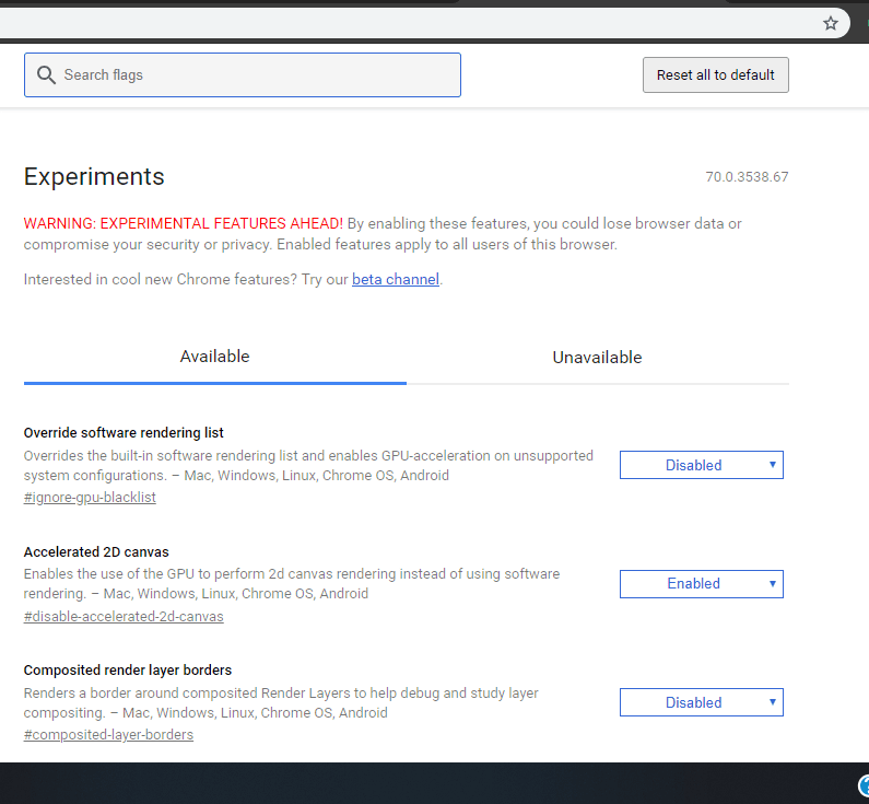브라우저 창에 chrome://flags/ 입력