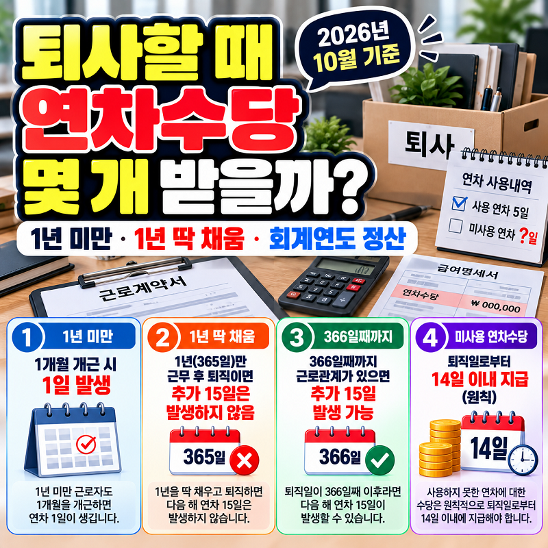 퇴사 연차수당 1년 미만 365일 366일 미사용 연차 계산