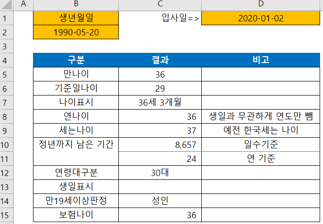 엑셀 나이계산 함수