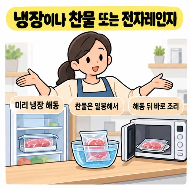 냉장 해동과 밀봉 찬물 해동 및 전자레인지 해동을 냉장고와 물그릇 및 전자레인지 장면으로 설명하는 모습