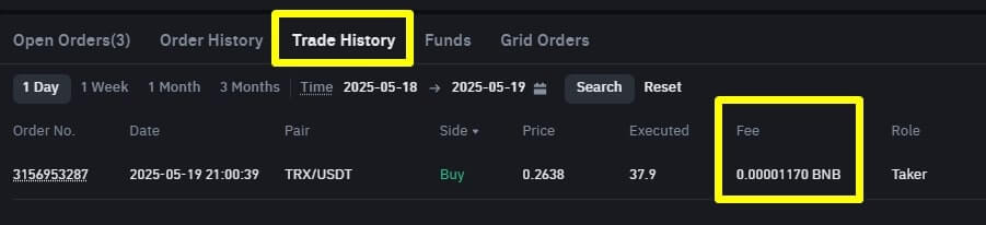 Trade history 사용된 수수료를 체크