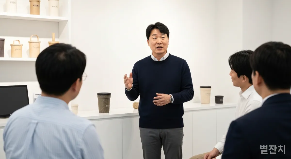 한국인 기업가가 재활용 소재로 만든 친환경 제품을 투자자들에게 설명하는 모습