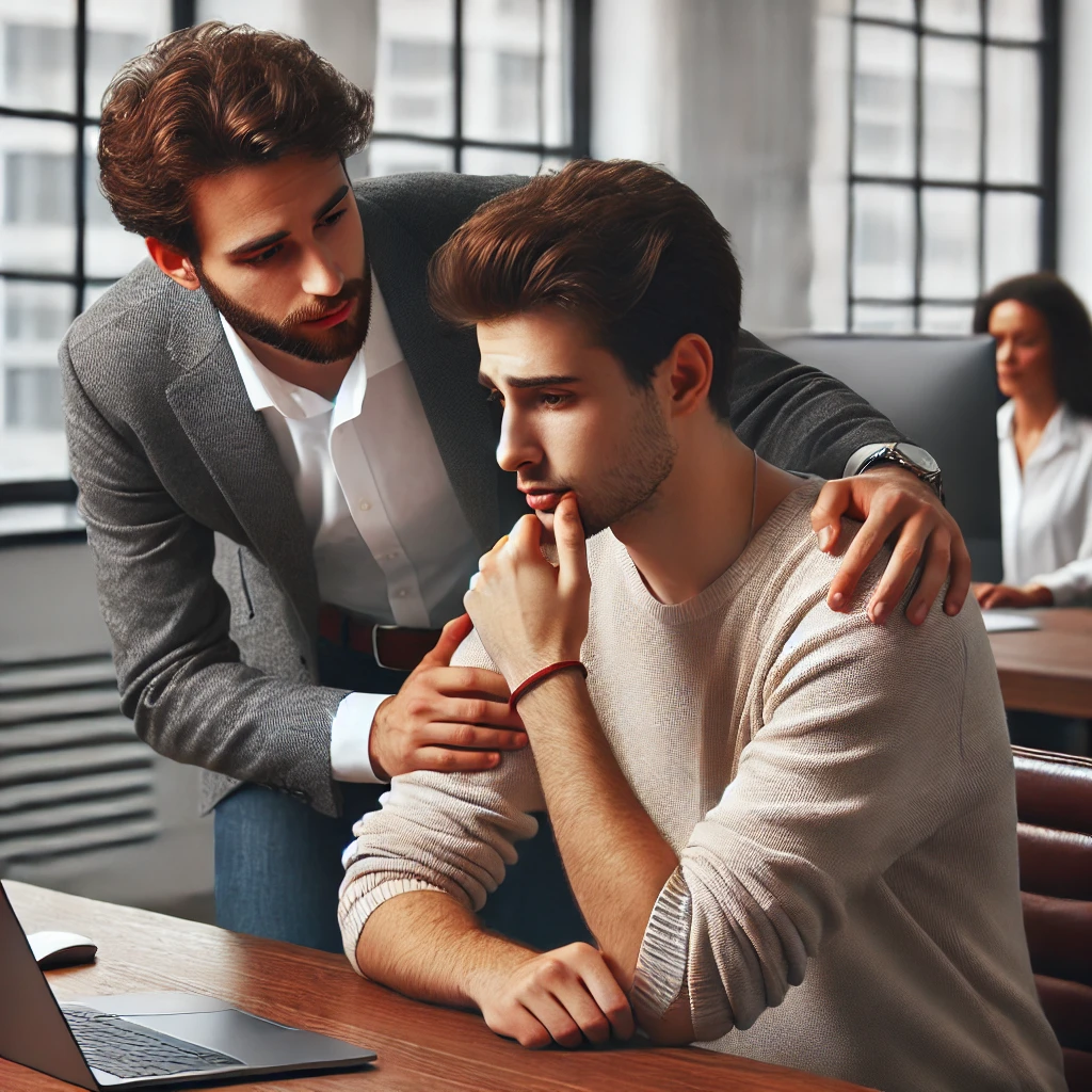 사무실에서 실수 후 동료 위로 모습