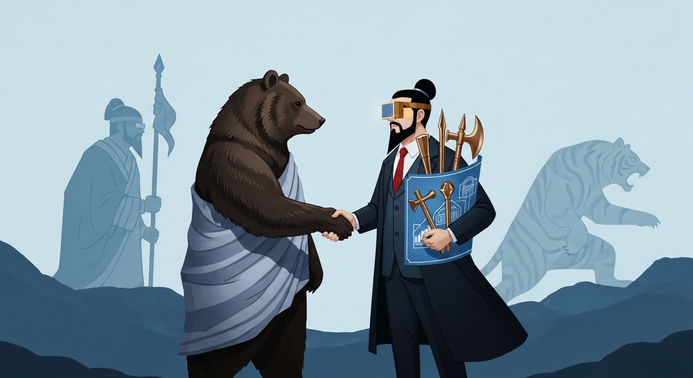 환웅과 곰 부족이 악수하는 모습으로 단군 신화를 현대적 M&A로 표현한 그림. 호랑이 부족은 뒤편으로 사라지는 모습.