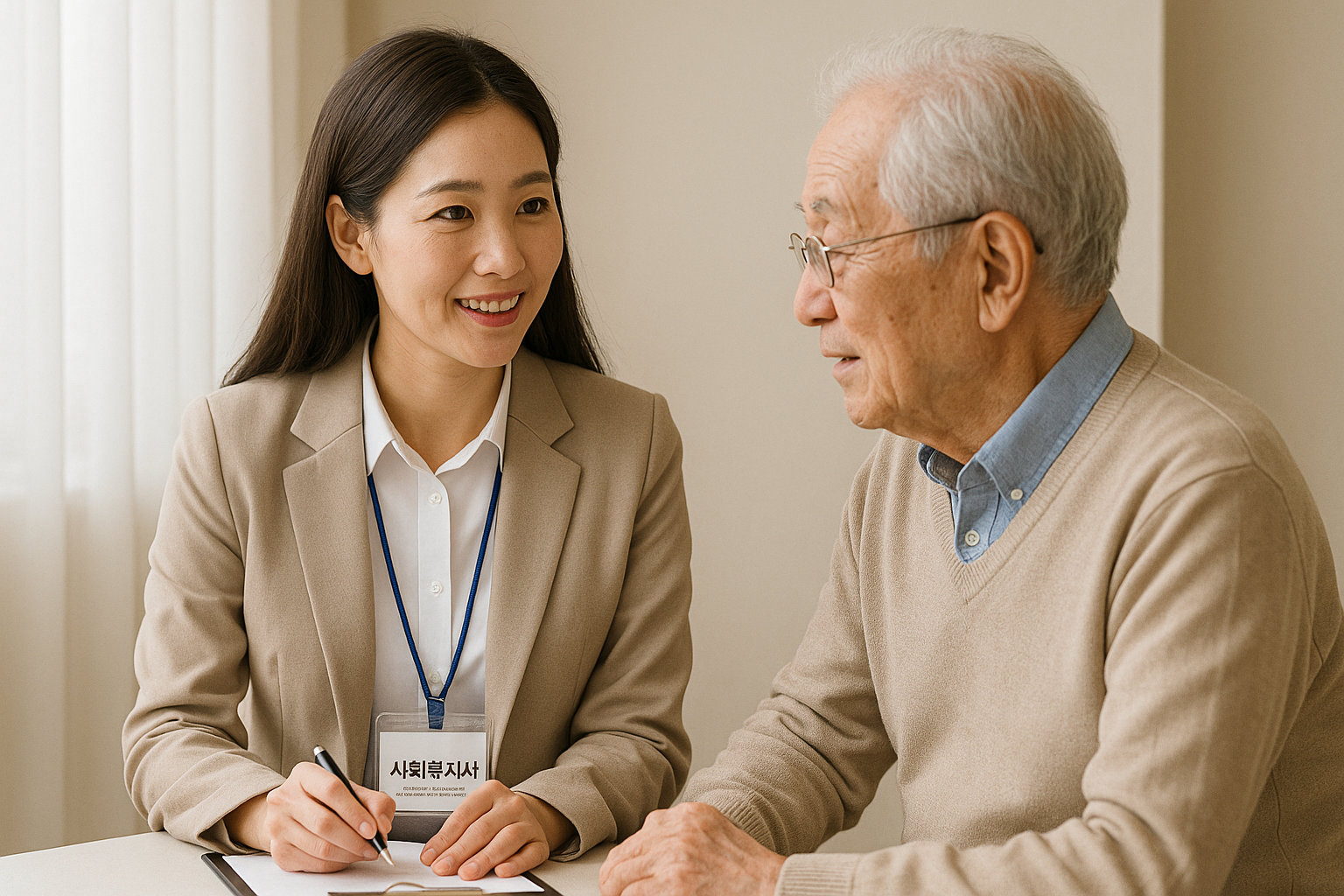 중년 사회복지사가 어르신과 활동하는 장면