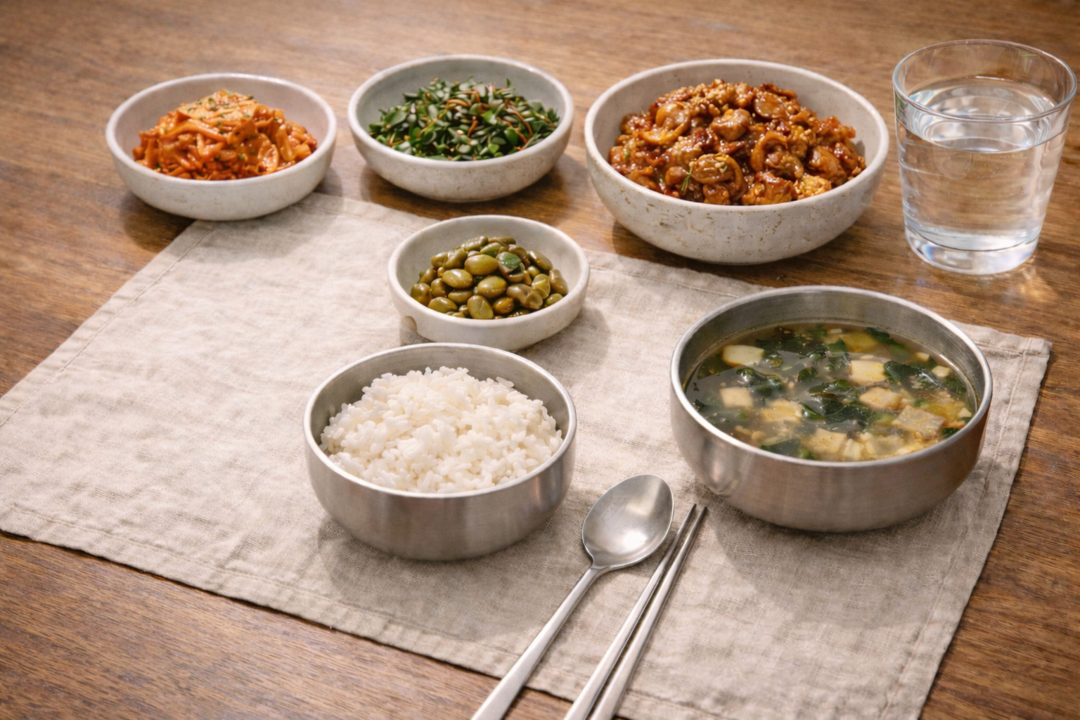 밥과 국, 나물 반찬과 고기 반찬이 함께 차려진 한식 메뉴 식탁 이미지