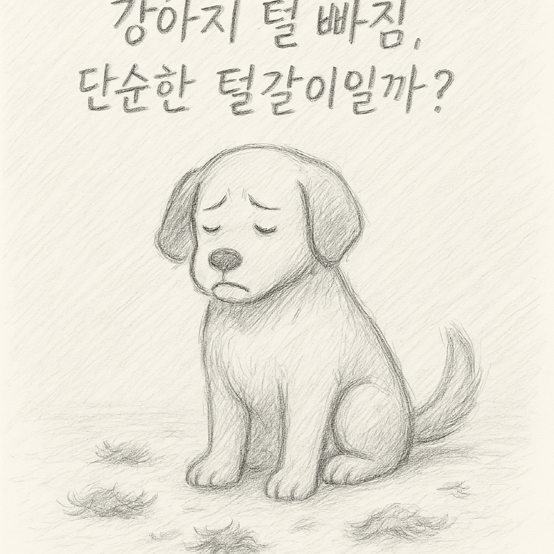 털이 흩어진 바닥과 슬퍼 보이는 강아지의 모습이, 단순한 털갈이가 아닌 건강 문제일 수 있다는 메시지를 시각적으로 강하게 전달합니다.