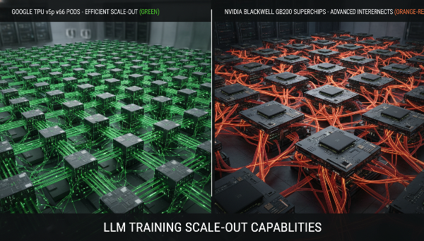 초거대 언어 모델 학습을 위한 TPU Pod와 Blackwell GPU 클러스터의 대규모 스케일 아웃 비교 이미지