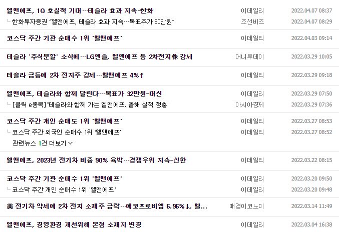 엘앤에프 뉴스, 공시