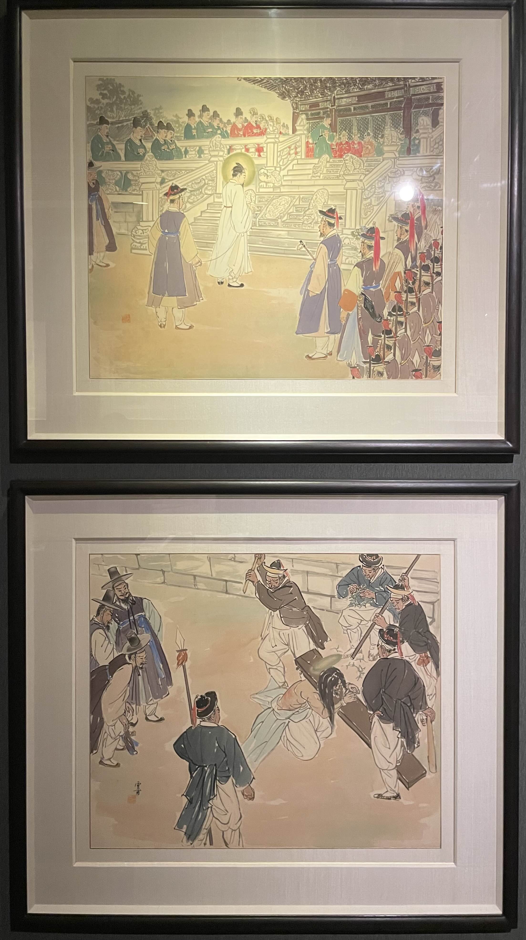 김기창 - 예수의 생애 : 23. 재판 받다. 24. 수난 당하다. (1952-1952, 비단에 채색)